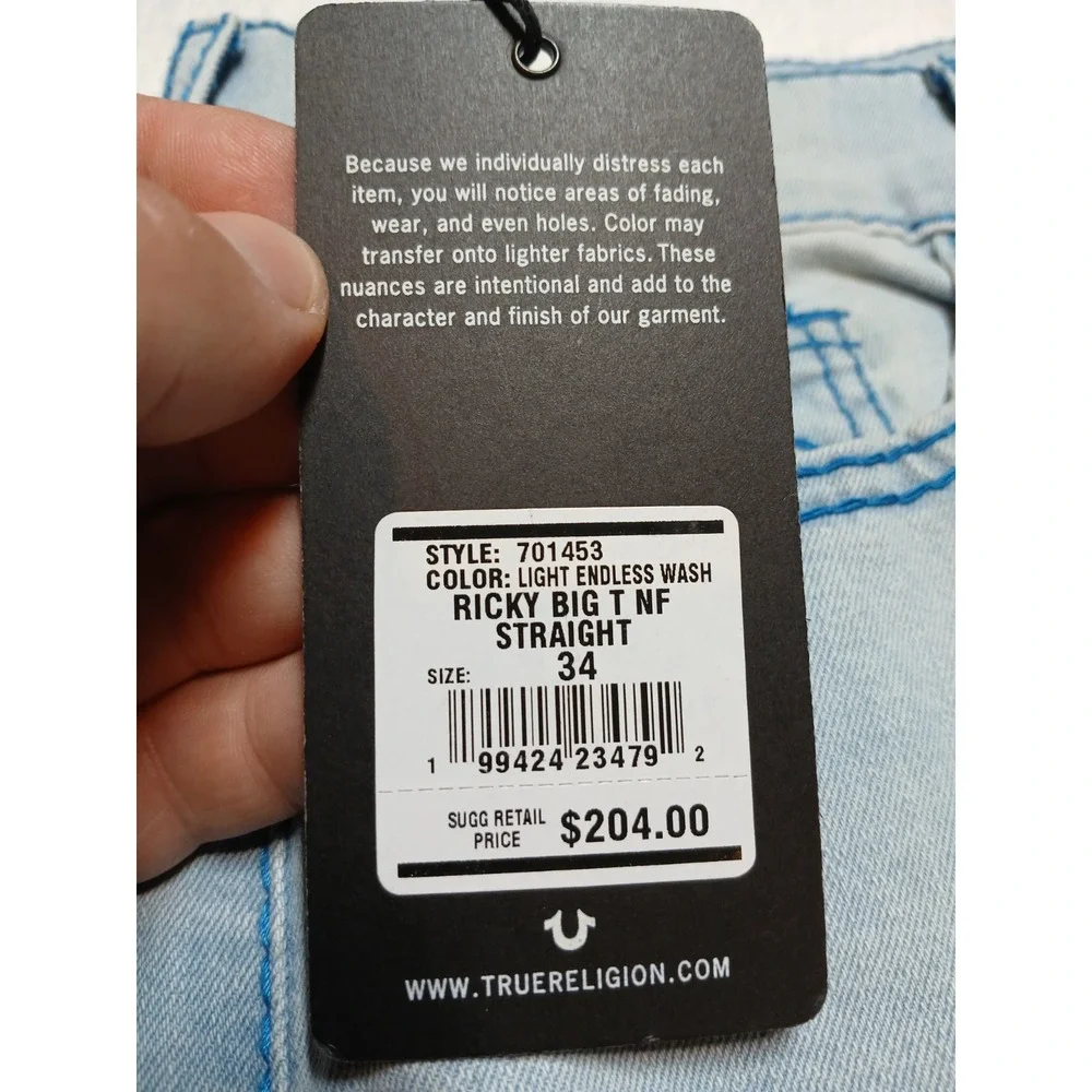 True Religion Ricky Big T NF Jeans Mens 34x34 Light Endless Wash Straight NWT